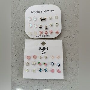 Assorted Cute Stud Earring Set - Pink, White, Black, Blue, Green